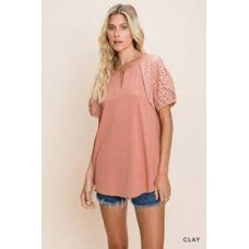 Washed Cotton Knit Top w/Eyelet Sleeve