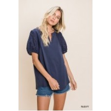 Washed Cotton Knit Top w/Eyelet Sleeve